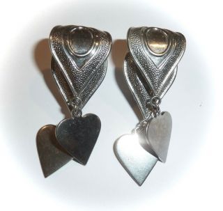 Vintage - Double Dangling Silvertone Hearts Clip - On Earrings