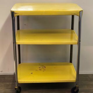 Mid - Century 3 Tiered Rolling Kitchen/bar Cart/stand,  Yellow And Chrome