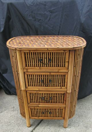 Vintage Boho Bamboo Rattan Oval Chest Stand Night Stand W/4 Drawers Mcm