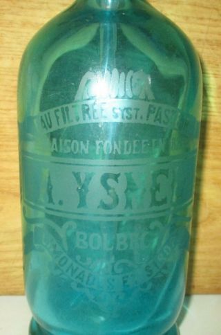 Antique Teal Blue French Etched Seltzer Bottle With Matching Siphon Name