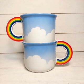 Two Vintage Vandor Lgbt 1980 Retro Rainbow Handle Cloud Ceramic Coffee Mug.