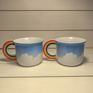 Two Vintage Vandor LGBT 1980 Retro Rainbow Handle Cloud Ceramic Coffee Mug. 3