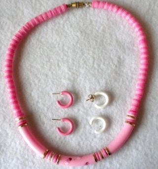 Vintage Hand Painted Bakelite Pink Beaded Necklace & Matching Earrings Look