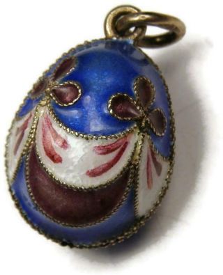 Ussr Russian Blue Enameled Egg Charm Pendant W Draped Ribbons Gold Over Silver