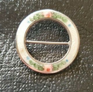 Vintage Jewelry Sterling Silver Guilloche Enamel Rose Flower Round Pin Brooch