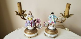 Pair Vintage French Figural Boudoir Lamps Porcelain Flowers Metal Leaves