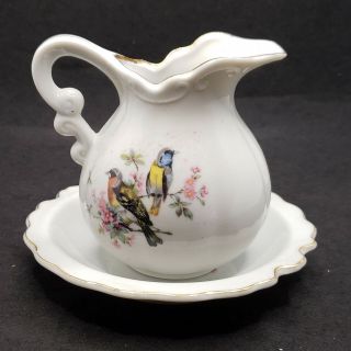 Vintage Japan Ceramic Gold Trim Small Pitcher And Bowl Set W/birds