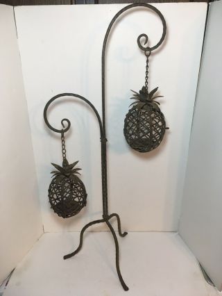 Vintage Wrought Iron Metal Pineapple Hanging Candle Holder 35.  5” Rustic Patio