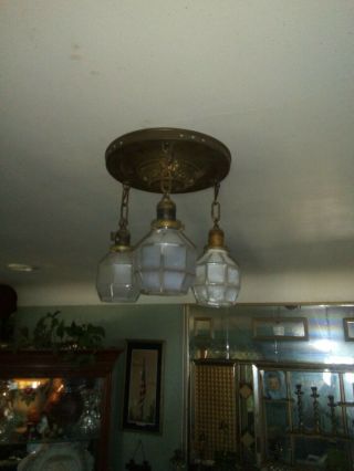 Antique Victorian Arts And Crafts Nouveau Brass Ceiling Fixture Pan Flush Glass