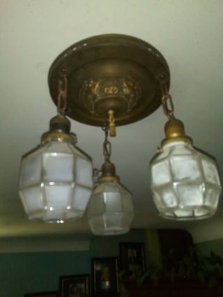 Antique Victorian Arts and Crafts Nouveau Brass Ceiling Fixture Pan Flush Glass 2