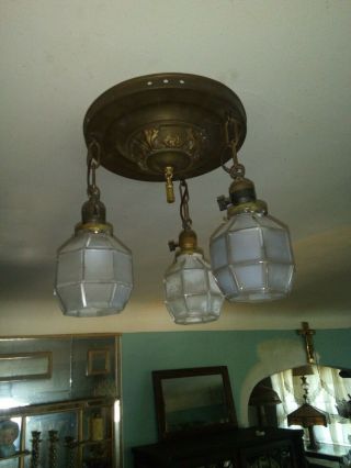 Antique Victorian Arts and Crafts Nouveau Brass Ceiling Fixture Pan Flush Glass 3