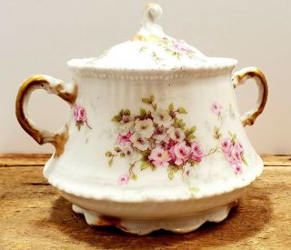 Vintage Theodore Haviland Limoges France Sugar Bowl W Lid Pink Floral Gold Trim