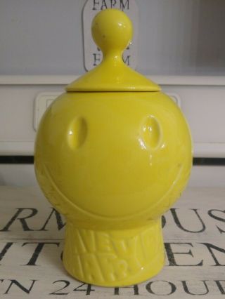 Vintage Mccoy Pottery Have A Happy Day Yellow Smiley Face Cookie Jar Usa
