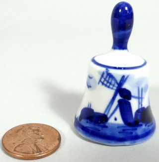 Vtg Delft Blue Mini Ceramic Bell Windmill Scene Blue White Miniature Dollhouse