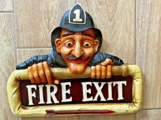 Fire Exit Sign Fireman W Hat Arrow Vintage Antique Style Store Shop Bar