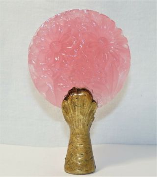 Antique Rose Pink Czech Cut Art Glass And Bronze Floral Lamp Finial