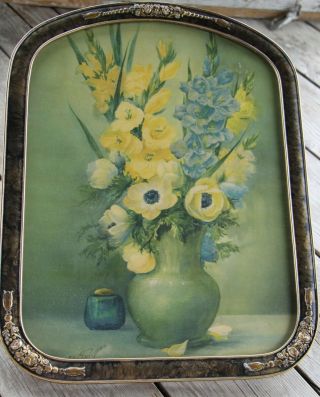 Antique Flower Print In Gold Brushed Antique Frame 17.  25 "