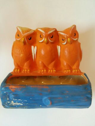 Vtg Fredericksburg Art Pottery Halloween Three Orange Owls Blue Log Planter