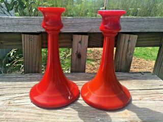 2 Red Northwood Trumpet Antique Slag Glass Chinese Coral Candlestick Holders