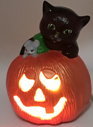 Halloween Vintage Black Cat On Jack - O - Lantern Pumpkin Flashing Light Ceramic