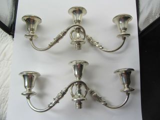 Vintage Pair (2) Sterling - Silver Re - Enforced Triple Candle Stick Holders
