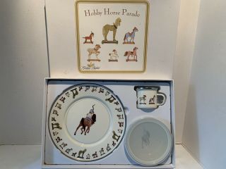 Golden Rabbit Hobby Horse Parade 3 Piece Enamelware Baby Plate Bowl Cup Set Vtg