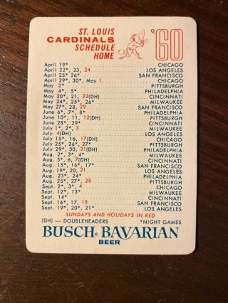 1960 St.  Louis Cardinals Baseball Schedule Busch Bavarian Sponsor Nm