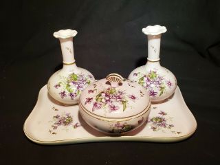 Vintage Antique Lilacs 5 Piece Porcelain Hand Painted Dresser Vanity Set Purple