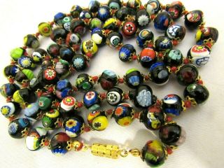 Antique Art Deco Venetian Murano Millefiori Glass Beads Necklace - 72 Beads - 36 "