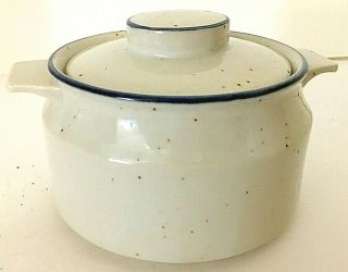 Vintage Japan Stoneware Casserole Dish W/ Lid & Handles White Blue 16 Oz Euc