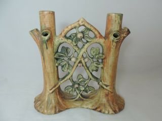 Weller Woodcraft Double Bud Vase Antique Signed Art Pottery Apple Tree Vase