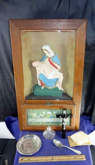 Antique Vaticum Catholic Religious Sick Call Last Rites Altar Shadow Box Cross