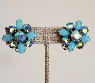 Vintage Blue Ab Rhinestone Glass Bead Cluster Clip On Earrings Unique