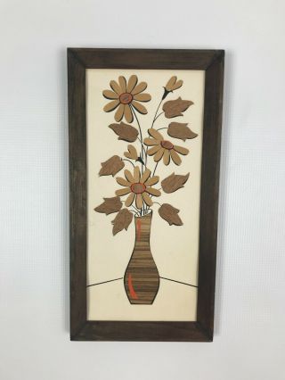 Vintage Mid Century Wood Veneer And Ink Wall Art Flowers In Vase Framed