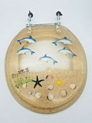 Vintage Sea Shell Resin Toilet Seat Nautical Beach Ocean Theme Dolphins Sand