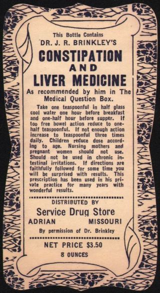 Vintage Label Dr J R Brinkleys Service Drug Adrian Missouri Old Stock N -