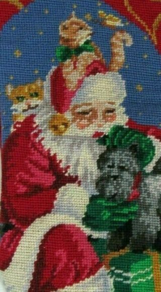 Vintage Christmas Santa Orange Cats Scotty Dog Needlepoint Stocking 18 " Wool