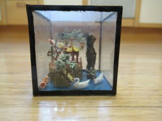 Vintage Chinese Miniature Sculpture In 2 " Glass Case - Pagoda Flowers Swans