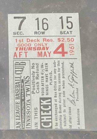 May 4 1961 Minnesota Twins York Yankees Ticket Stub Mickey Mantle Home Run