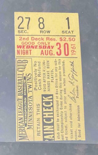 Aug 30 1961 Minnesota Twins York Yankees Ticket Stub Mickey Mantle Home Run