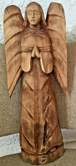 Vintage Primitive Hand Carved Large Wood Statue Of An Angel