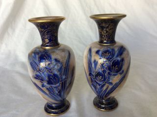 Royal Doulton Pair Antique Blue And Gold Iris Vases