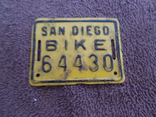 Vintage San Diego,  Ca Bike License Plate 2 - 5/8 " X 2 " Bicycle Tag