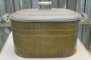 Vintage Antique Primitive Copper Boiler / Wash Tub Pot With Lid & Wood Handles