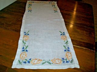 Vintage Embroidered Dresser Scarf/table Runner Gold And Blue Flowers (5)