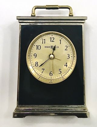 Vintage Carriage Style Howard Miller Brass / Black Glass Desk Clock With Alarm