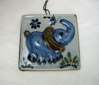 Vintage Tonala Pottery Wall Hanging Plaque Tile With Elephant & Butterfly