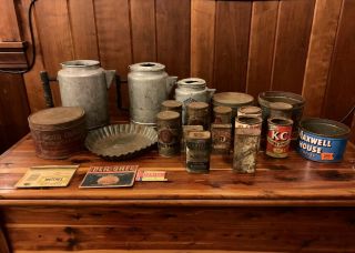 23 Antique Tins Kitchen Coffee Pot Pepper Matches Candy Baking Powder Gum Spices
