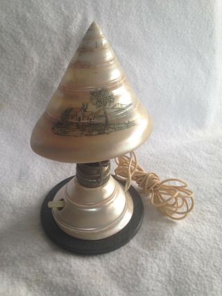 Unusual Vintage Hand Painted Mother Of Pearl Sea Shell Lamp