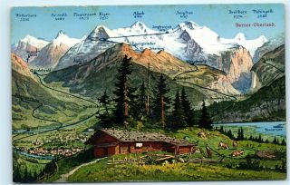 Switzerland Mountains Map Berner Oberland Bernese Cabin Vintage Postcard B14